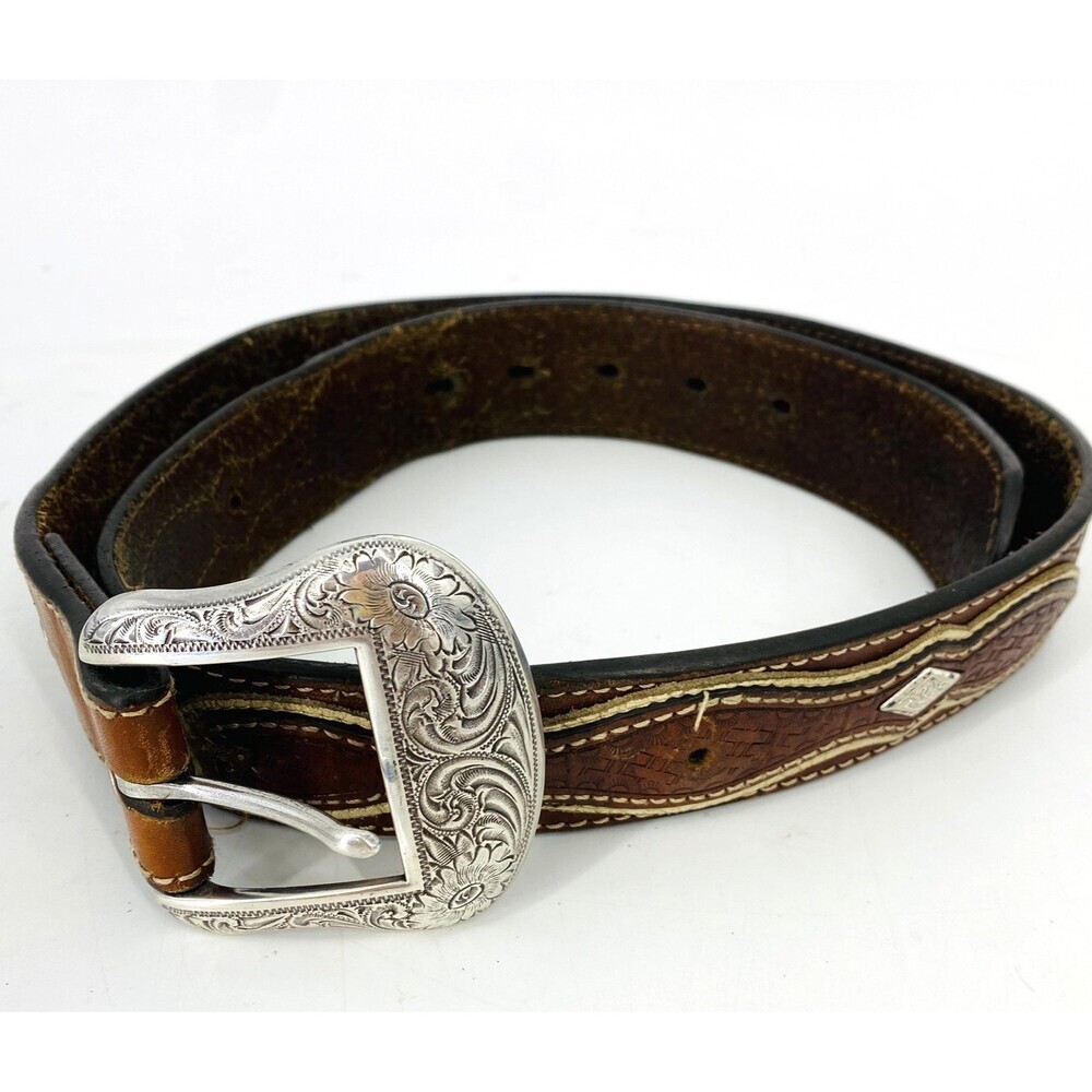 Nacona Size 32 Brown Genuine Leather Western Belt with Silver Dollar Buckle